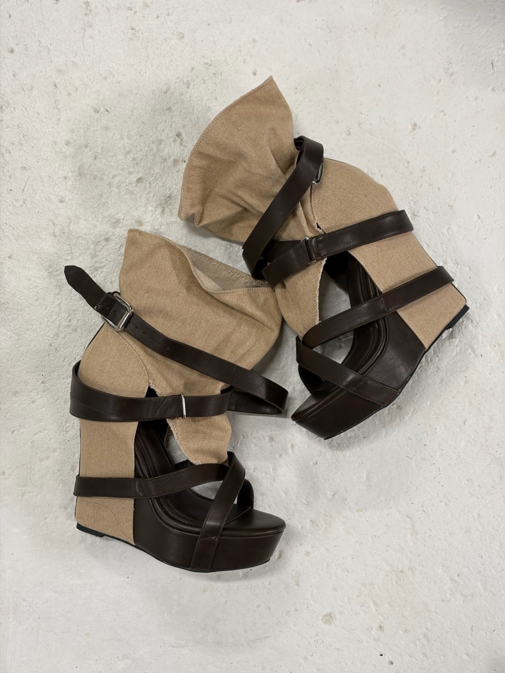 Canvas and Brown Leather Strappy Wedge Sandals